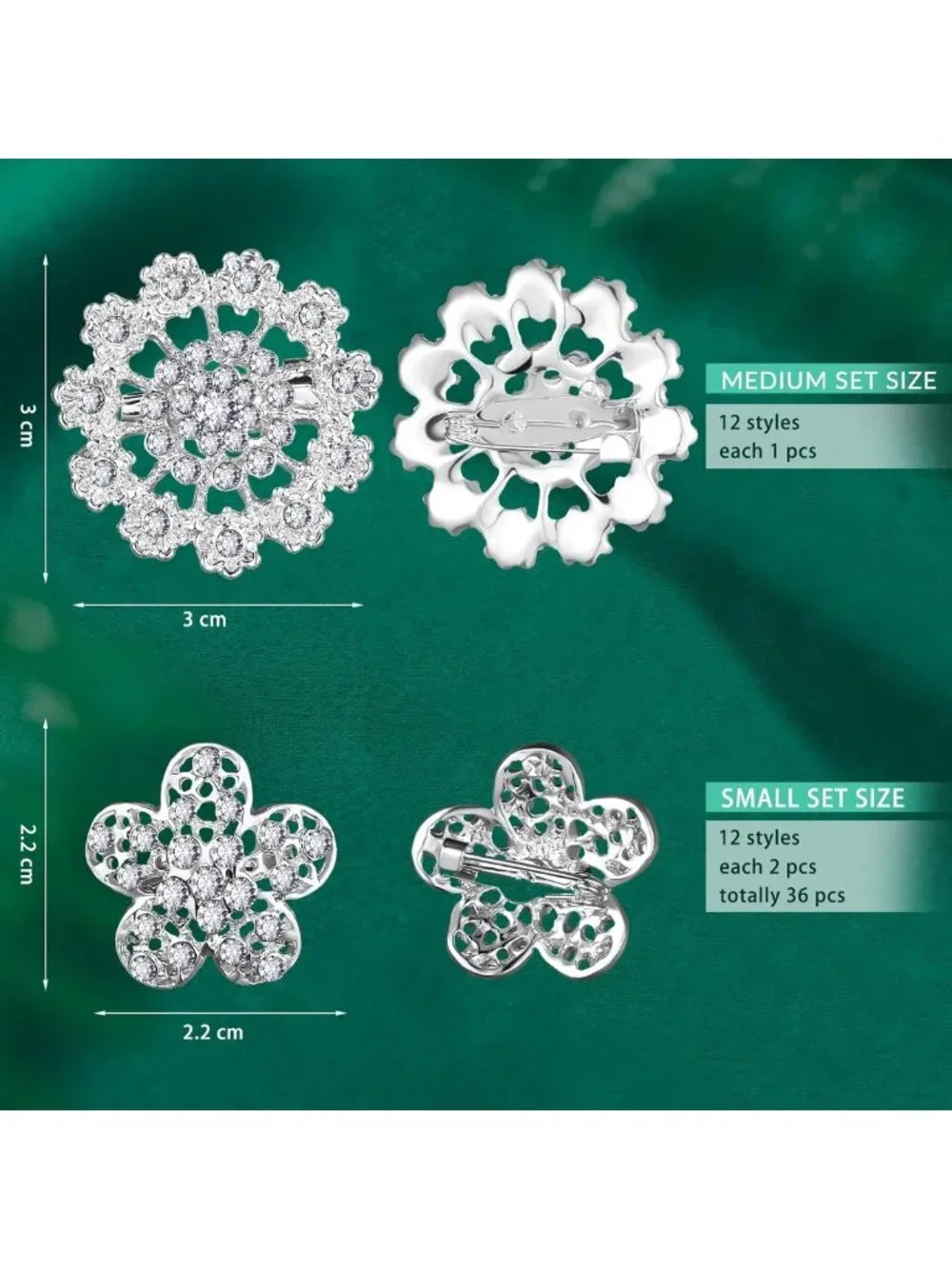 36 Clear Rhinestone Brooches - Crystal Flower Pins for Crafts, DIY Wedding